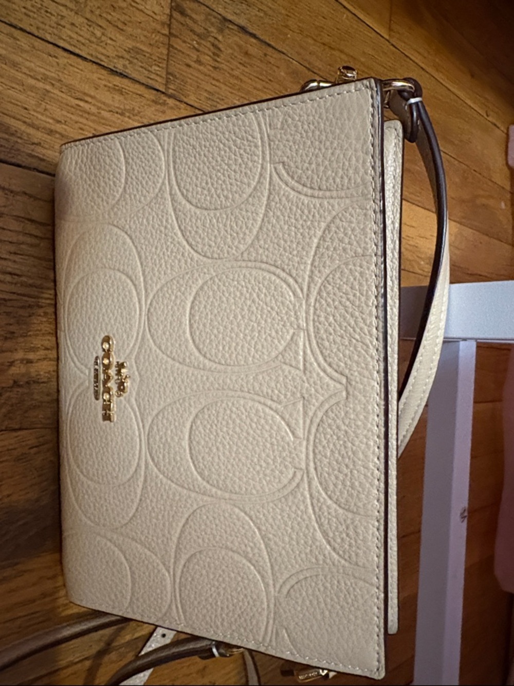 Coach Cream Embossed Signature Wristlet with Gold Hardware